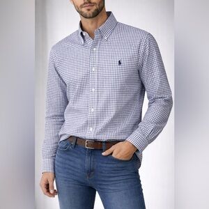 Polo Ralph Lauren Men White & Navy Gingham Button-Up Sz Med- Blue Pony